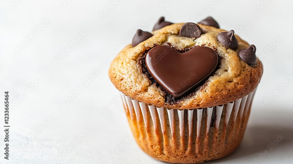 A chocolate chip muffin with a heart-shaped chocolate chip center, romantic and creative, isolated on white background A chocolate chip muffin with a heart-shaped chocolate chip center, romantic and creative, isolated on white background