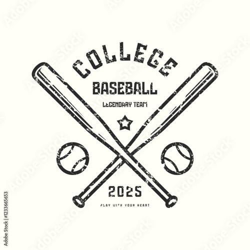 Baseball college team typographic emblem with rough texture. Thin line style design for t-shirt. Black print on white background