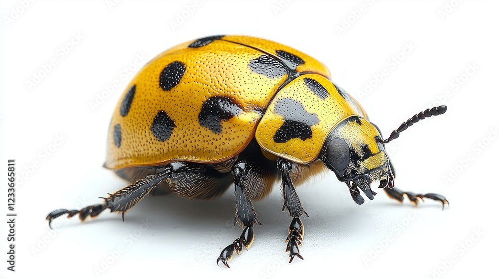 Naklejka premium Yellow ladybug close-up on white background. Macro insect photography for science or nature publications