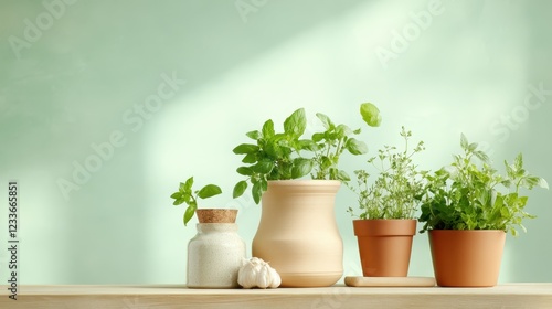 Table with three pots and a plant in a home garden featuring various herbs in pots