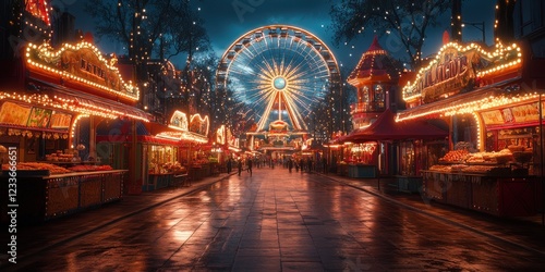 Enchanted Night at the Winter Fair: A mesmerizing view of a Ferris wheel and illuminated stalls under a twilight sky.