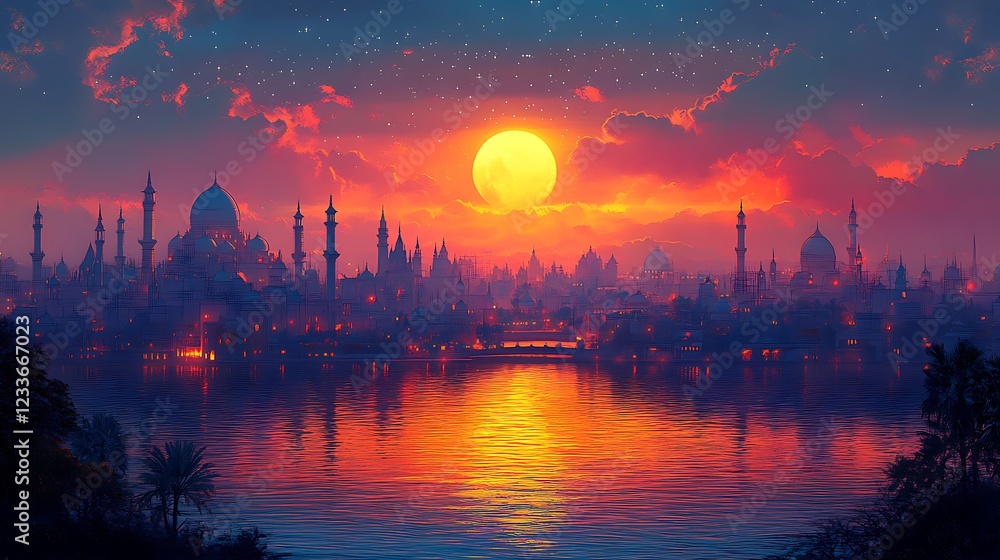 Naklejka premium Sunset Over Stylized City Skyline with Water Reflection
