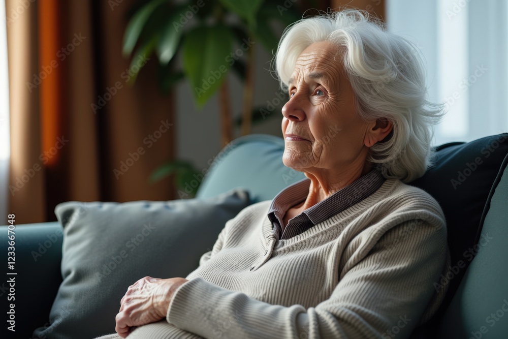 Somber Reflection of an Elderly Woman in a Cozy Living Room, Capturing the Essence of Loneliness and Contemplation During a Quiet Afternoon Somber Reflection of an Elderly Woman in a Cozy Living Room, Capturing the Essence of Loneliness and Contemplation During a Quiet Afternoon