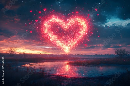 Glowing Heart Shaped Fireworks Lighting Up Romantic Sunset Sky Reflecting on Serene Lake photo