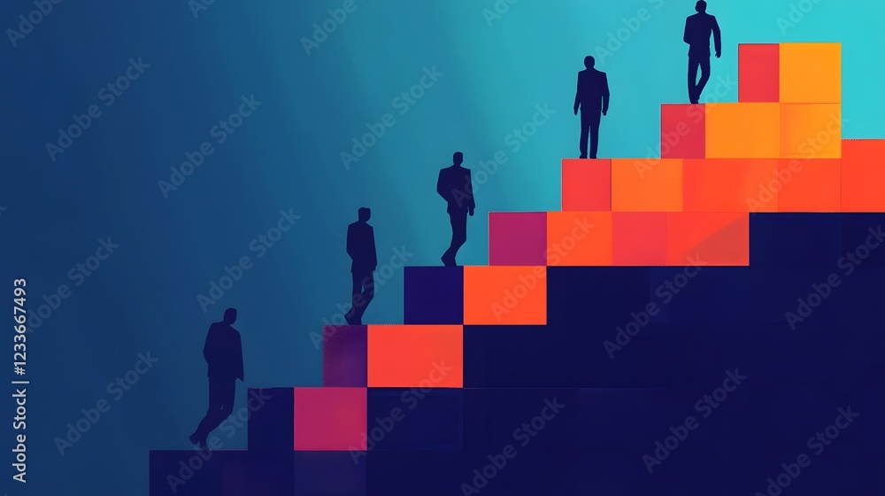 Business Team Climbing Staircase of Glowing Blocks Representing Joint Achievements Business Team Climbing Staircase of Glowing Blocks Representing Joint Achievements