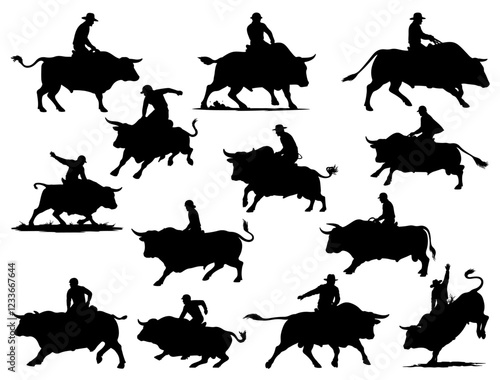 BULL RIDERS SILHOUETTE ON WHITE BACKGROUND