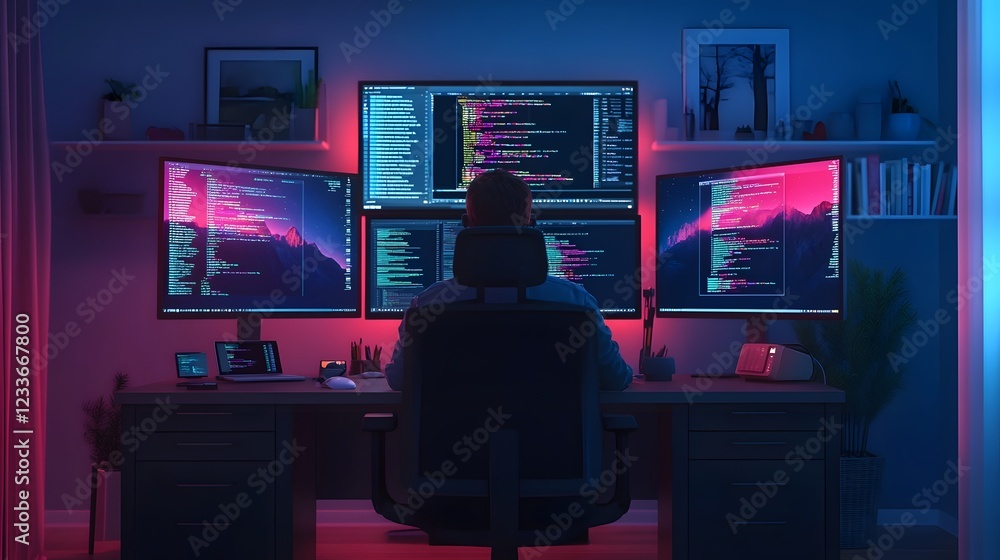 Remote Work Setup with Multiple Screens - 3D of Modern Home Office Remote Work Setup with Multiple Screens - 3D of Modern Home Office