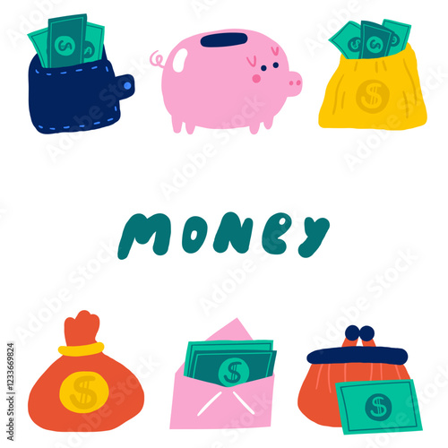 Wallpaper Mural Cute hand drawn doodle money banner, border with wallet, envelope, dollars, pig bank, money bag. Business, investment, financial, economy, payment background, illustration with objects Torontodigital.ca