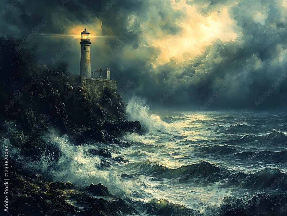 Powerful Lighthouse Beacon Shining Through a Stormy Seascape with Crashing Waves and Dramatic Skies Powerful Lighthouse Beacon Shining Through a Stormy Seascape with Crashing Waves and Dramatic Skies