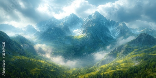 Majestic Mountain Range: A Breathtaking Panorama of Verdant Peaks and Misty Valleys photo