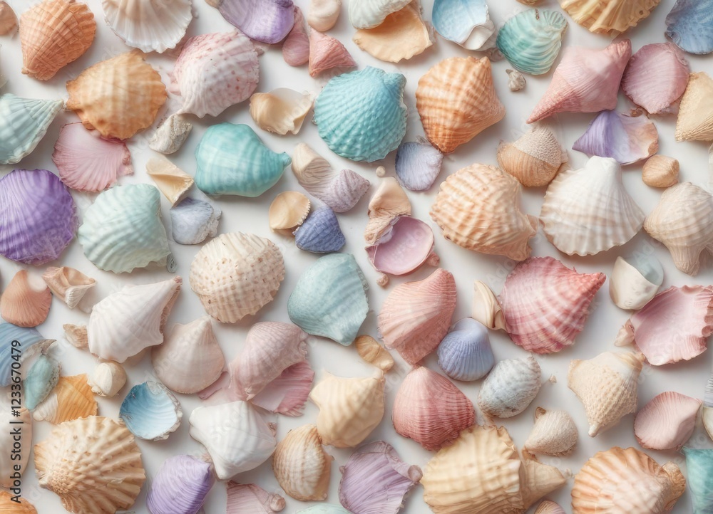 Pastel-colored seashell fragments scattered on a white background, delicate arrangements, calm environment, minimalist aesthetic Pastel-colored seashell fragments scattered on a white background, delicate arrangements, calm environment, minimalist aesthetic