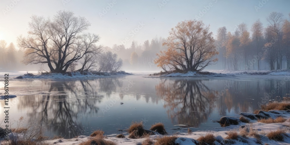 Sparkling snowflakes gently fall on a frosty morning scene with bare trees and frozen lakes, frosty morning, frozen lakes Sparkling snowflakes gently fall on a frosty morning scene with bare trees and frozen lakes, frosty morning, frozen lakes