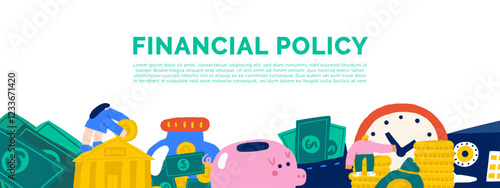 Cute hand drawn doodle money banner, border with pile, stack of dollars, currency, pig bank, clock, people, safe, jar bank, wallet. Business, investment, financial, economy, payment background