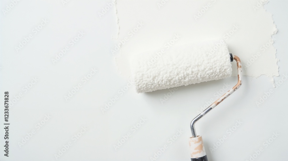 Fototapeta premium Paint roller applying fresh white paint on a wall during home improvement project in a well-lit room in the afternoon