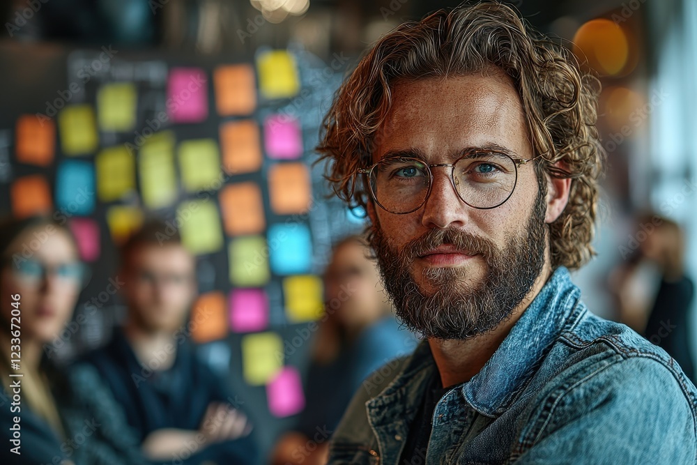 A focused man with glasses in a creative workspace, surrounded by colleagues. A focused man with glasses in a creative workspace, surrounded by colleagues.