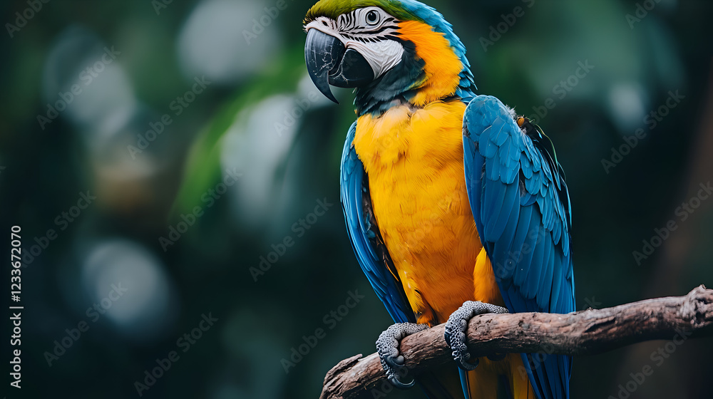 Vibrant Close Up of Colorful Macaw Parrot Perched in Rainforest Habitat Vibrant Close Up of Colorful Macaw Parrot Perched in Rainforest Habitat