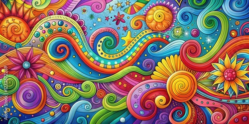 Vibrant Swirls and Whimsical Doodles on a Brightly Colored Background