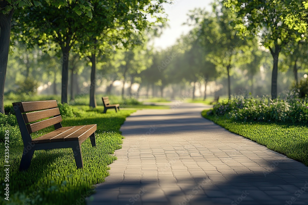 Sunlit park path, benches, morning mist, tranquil scene, relaxation Sunlit park path, benches, morning mist, tranquil scene, relaxation