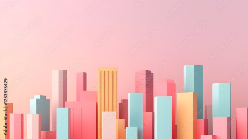 Obraz premium Pastel Gradient Cityscape with Geometric Architectural Forms,3D