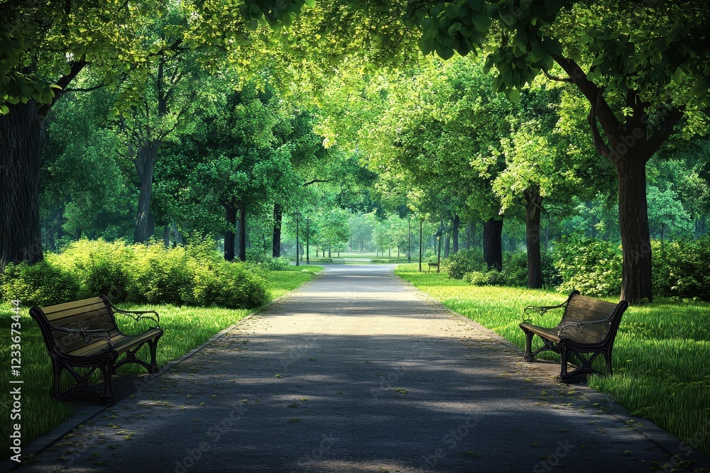 Sunlit park path, benches, trees, morning, serenity, nature, calm, walkway, summer, peaceful Sunlit park path, benches, trees, morning, serenity, nature, calm, walkway, summer, peaceful