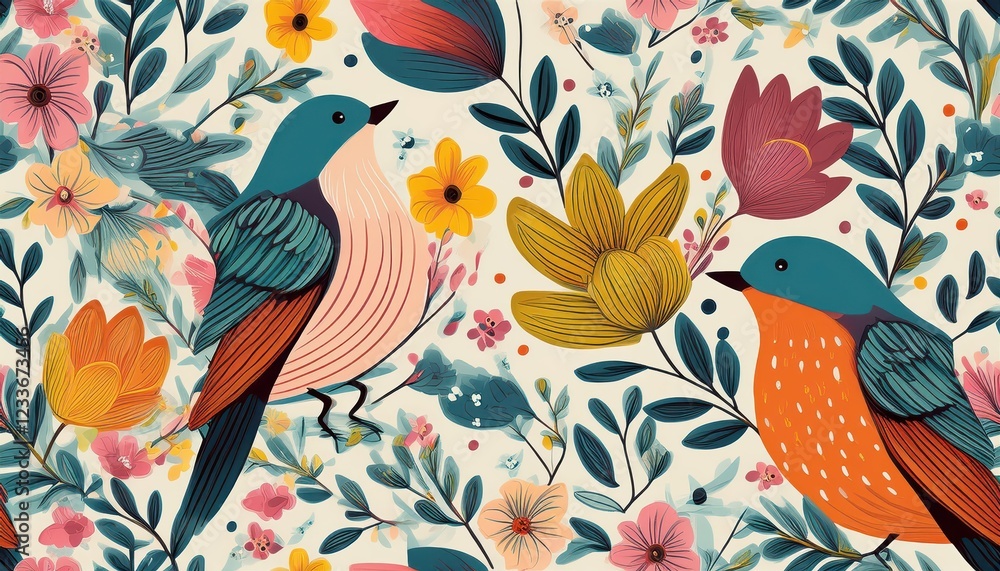 Vibrant Spring Floral Pattern Illustration featuring Adorable Birds amidst Lush Blossoms, Ideal for Weddings and Anniversaries.