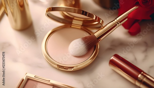 Gold compact powder brush makeup set on marble