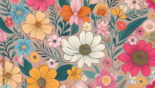 Wallpaper Mural Vibrant Spring Floral Mosaic A Seamless Pattern of Spring Blooms, Showcasing a Spectacular Array of Fresh Flowers and Intricate Designs, Perfect for Adding a Pop of Color to any Decor. Torontodigital.ca