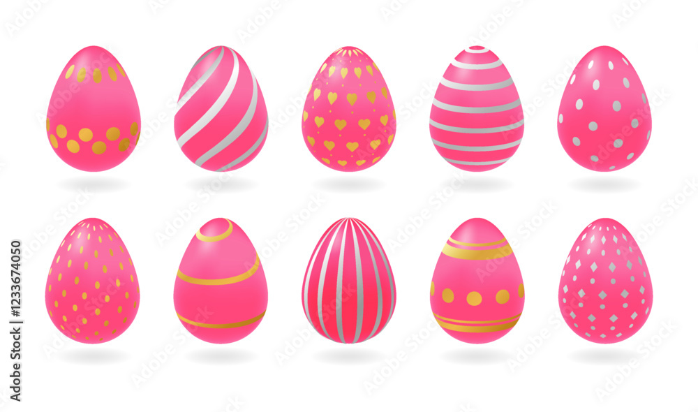 Set of realistic pink eggs with different golden, silver patterns. Isolated vector illustration on white background. Children dessert, Easter template Set of realistic pink eggs with different golden, silver patterns. Isolated vector illustration on white background. Children dessert, Easter template