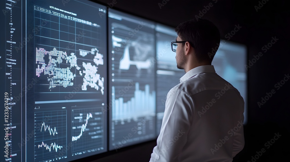 Fototapeta premium Business Analysts Reviewing Financial Data on Projected Smart Glass Screens