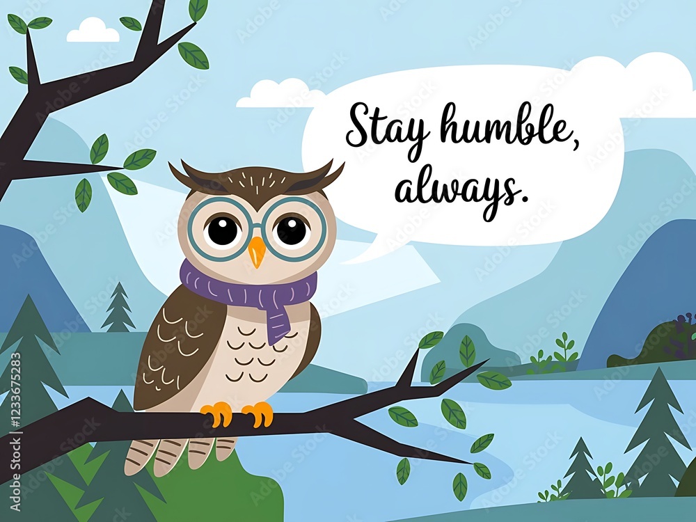Obraz premium Wise Owl Perched on Branch Stay Humble Always