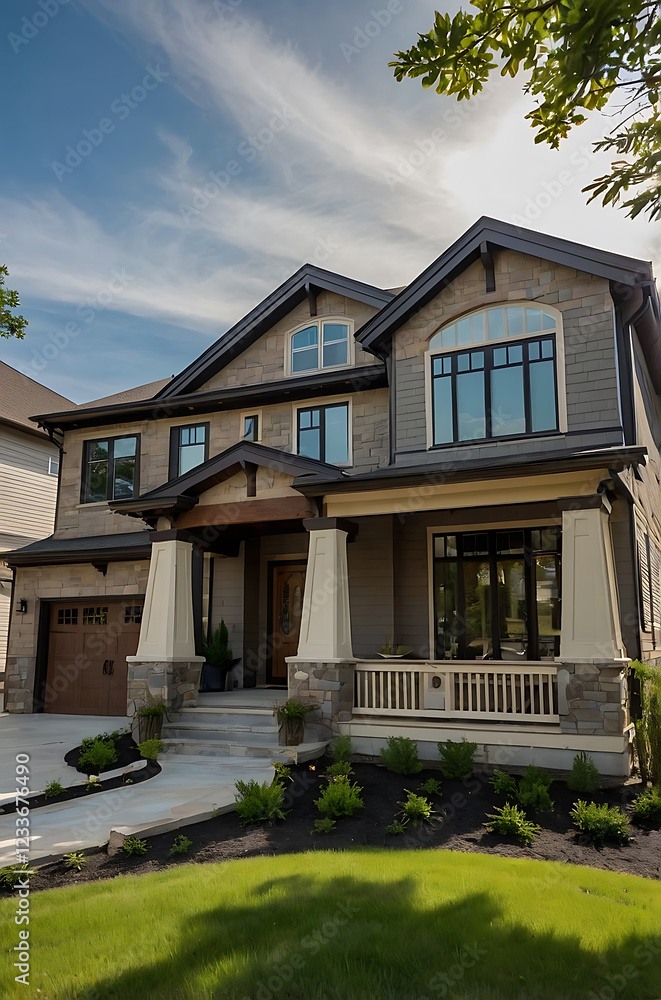Luxury Modern Home Exterior: Dream House Design and Architecture. Beautiful Stone Facade and Landscaping. Real Estate Property Luxury Modern Home Exterior: Dream House Design and Architecture. Beautiful Stone Facade and Landscaping. Real Estate Property