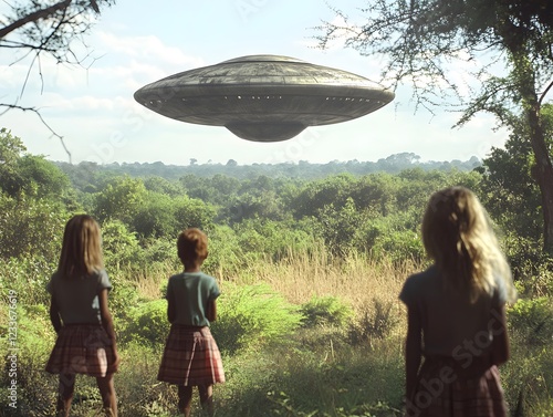 Ufo Sightings Over African Savanna Girls Witnessing Alien Spaceship