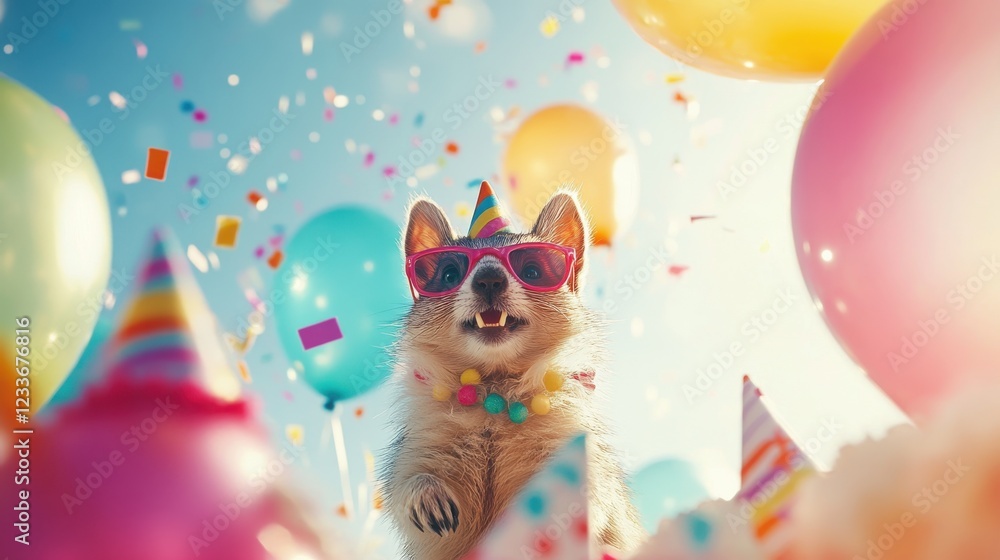 Fototapeta premium Happy birthday, furry friend! Celebratory confetti and balloons surround this adorable animal in party attire.