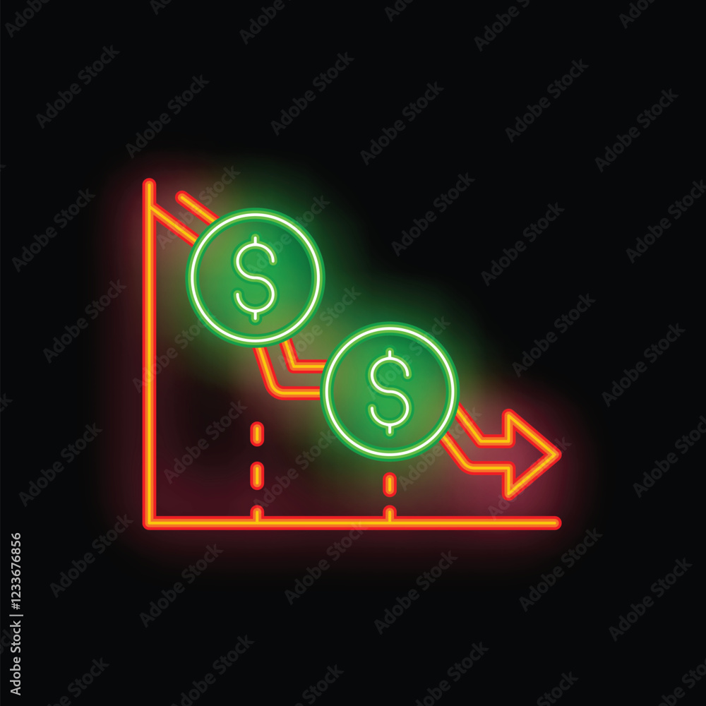 Neon sign illustrating a downward trending graph with falling dollar coins, symbolizing economic decline Neon sign illustrating a downward trending graph with falling dollar coins, symbolizing economic decline