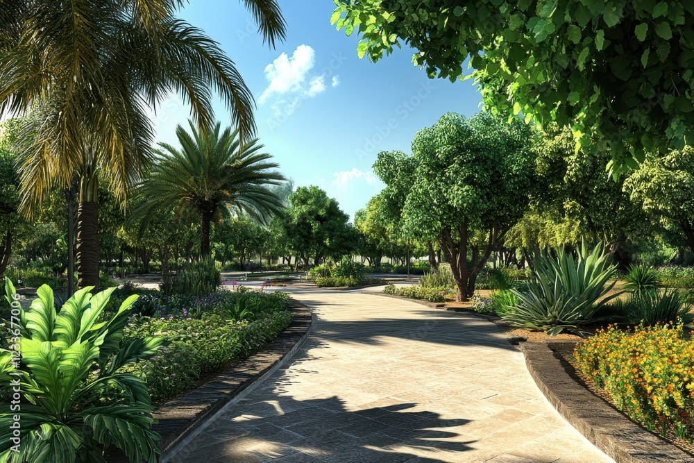 Lush tropical garden path, sunny day, landscaping design Lush tropical garden path, sunny day, landscaping design
