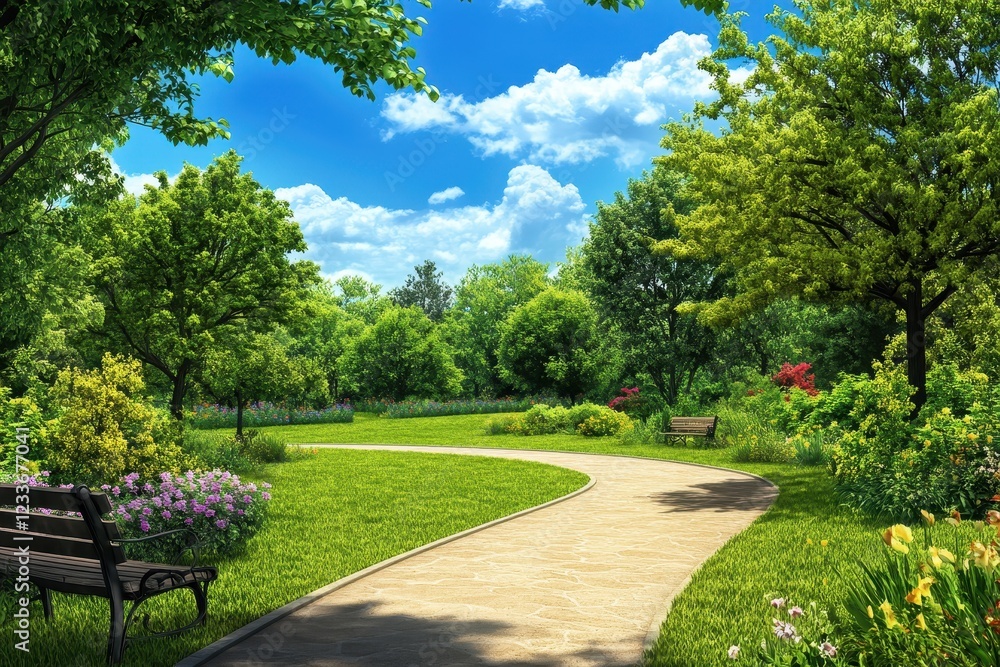 Spring park path, sunny day, lush foliage, benches, relaxation Spring park path, sunny day, lush foliage, benches, relaxation