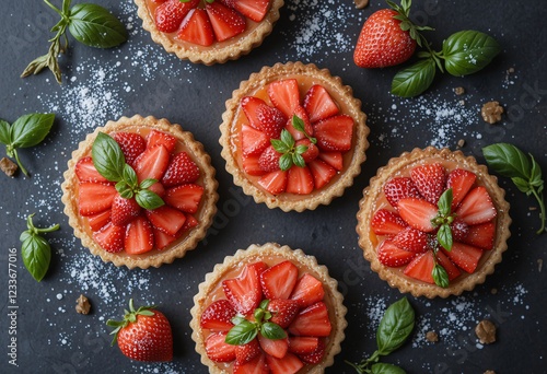 Sweet strawberry tarts, overhead shot. photo