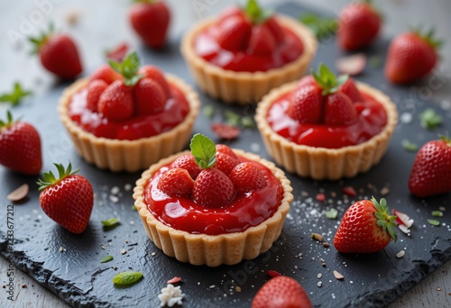 Sweet strawberry tarts on dark background photo