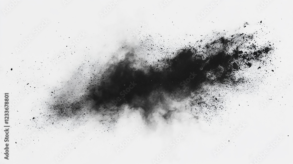 Fototapeta premium Abstract black dust cloud swirling in white background, creating a dramatic and artistic effect.