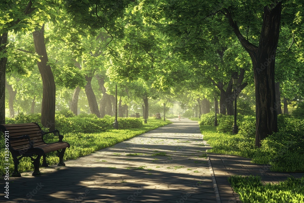 Sunlit park path, bench, morning mist, people strolling Sunlit park path, bench, morning mist, people strolling