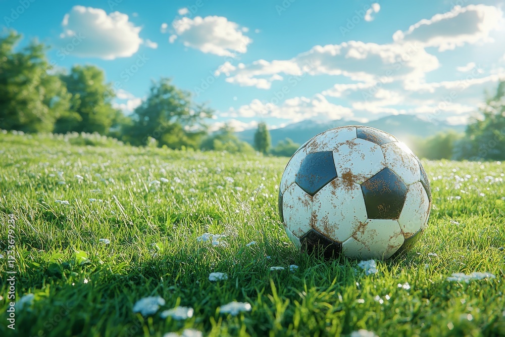 Fototapeta premium Tranquil Scene of Soccer Ball on Freshly Cut Grass Under the Sunlight in a Peaceful Afternoon Setting with Copy Space for Text