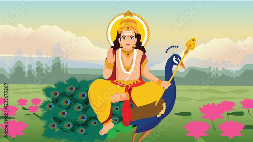 Lord Kartikeya on Peacock Divine Illustration