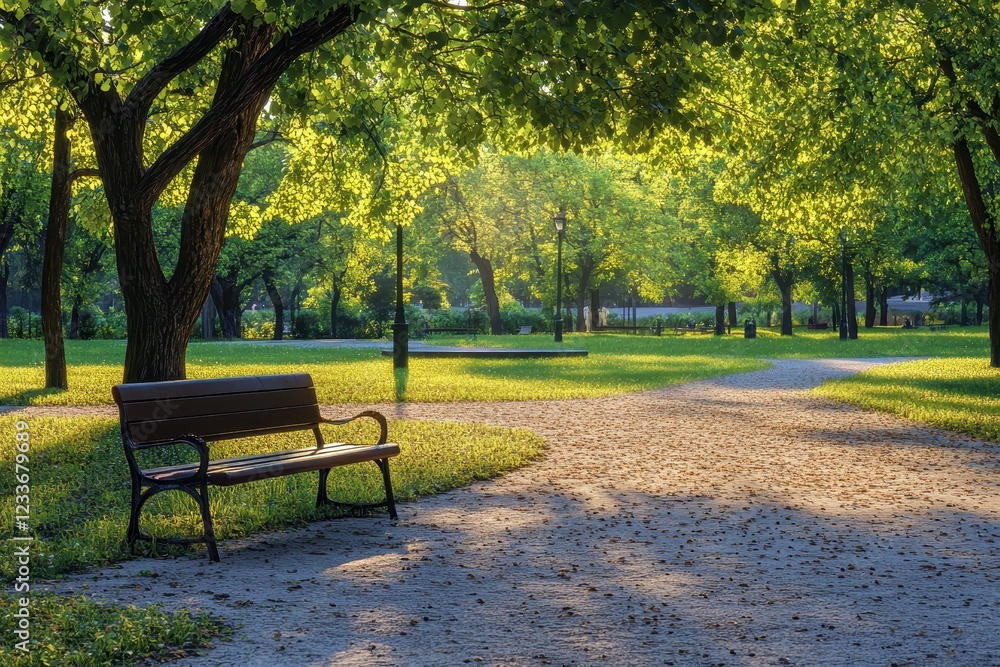 Serene park bench, sunlit path, morning, trees, relaxation Serene park bench, sunlit path, morning, trees, relaxation