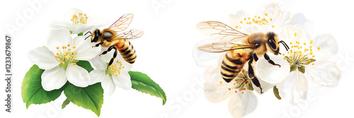 Set of a, Honey bee on a white flower, isolated on a transparent background.