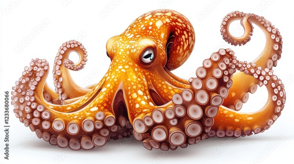 Obraz premium A vibrant orange octopus with detailed tentacles on a white background.