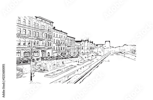 Print Building view with landmark of Bydgoszcz Poland. Hand drawn sketch illustration in vector.