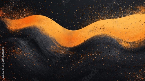 a swirling abstract design featuring a bold orange and black color scheme. The orange swirls appear to be a flowing liquid, and the black is a dark, dusty background.