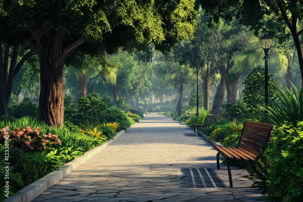 Sunlit park path, lush foliage, morning mist, tranquil scene, travel brochure