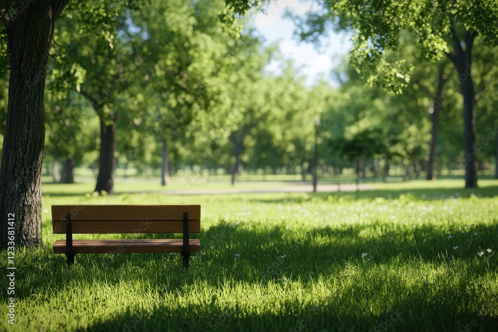 Park bench, sunny day, green grass, trees, peaceful scene Park bench, sunny day, green grass, trees, peaceful scene