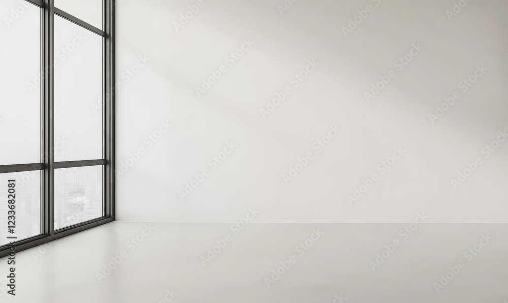 Modern empty room with large windows showcasing bright city view Modern empty room with large windows showcasing bright city view